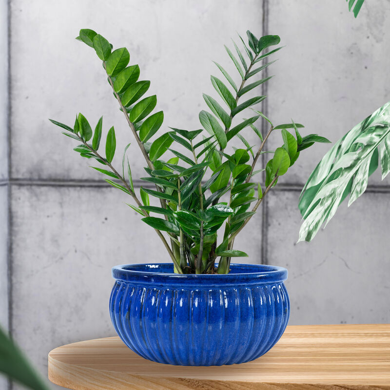 Sunnydaze 14.5&rdquo; Round Ribbed Ceramic Planter Bowl - Imperial Blue image number 1