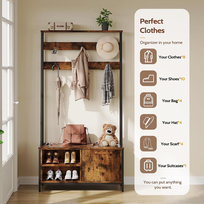 Coat Rack, Hall Tree with Bench and Shoe Storage, 31.5&rdquo; Steel Frame Entryway Bench Large 6 Hooks, 31.5" x 15.8" x 71" image number 3