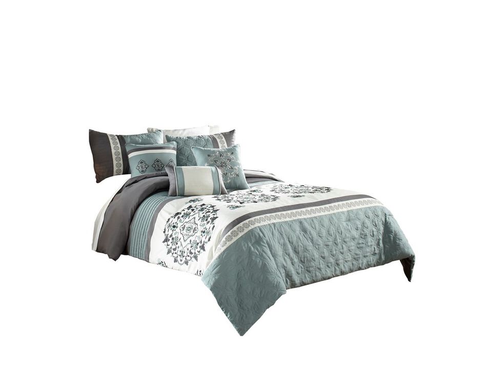 7 Piece King Polyester Comforter Set with Floral Details, Blue and Gray - Benzara