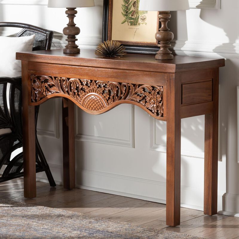 bali & pari Alannis Mahogany Wood Console Table - Accent Table with Carved Floral Apron for Entryway, Living Room, or Hallway image number 7