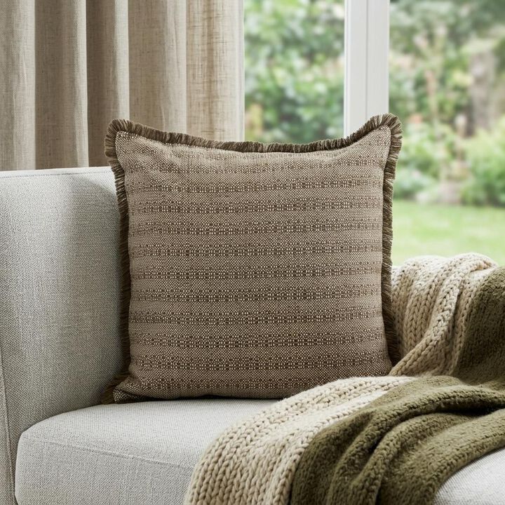HomeRoots 24" Green and White Striped Cotton Throw Pillow With Fringe