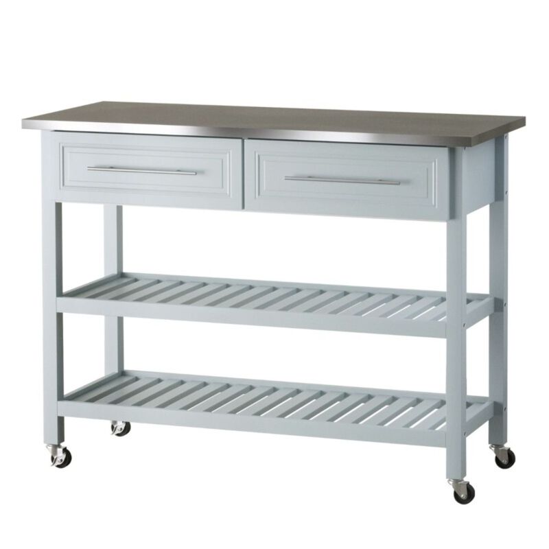 Hivvago Light Gray Rolling Kitchen Island 2 Drawers Storage with Stainless Steel Top