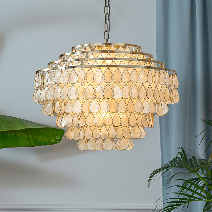 7-Light 24'' Mid-Century Modern Coastal Aged Bronze 4-Tier Natural Capiz Shell Chandelier Vintage Glam Pendant Light For Dining Room Living Room or Foyer
