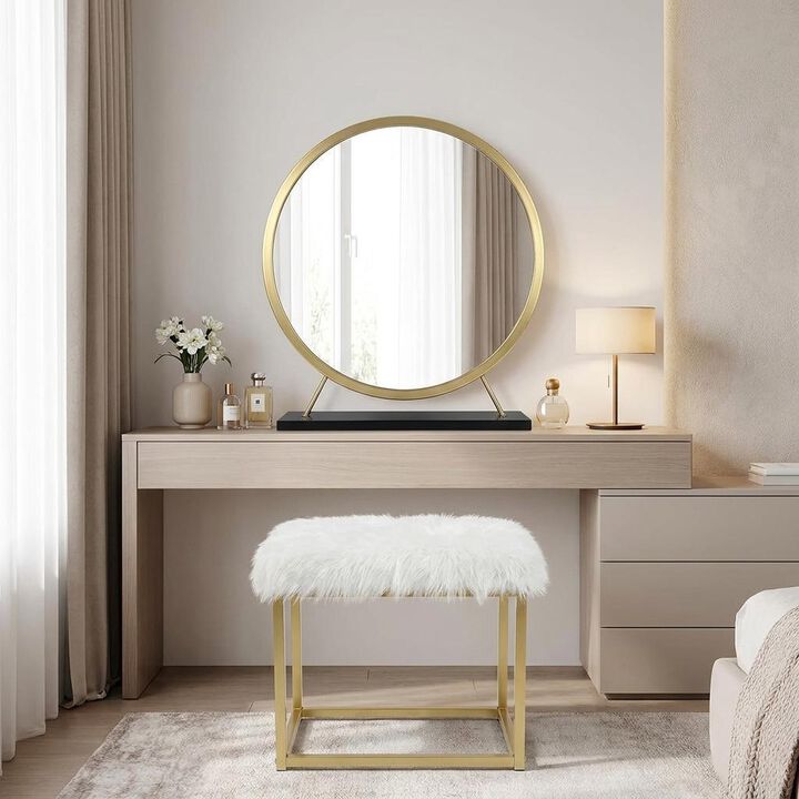 HomeRoots Set of Two Gold Black and White Metal And Faux Fur Freestanding Makeup Mirror And Stool