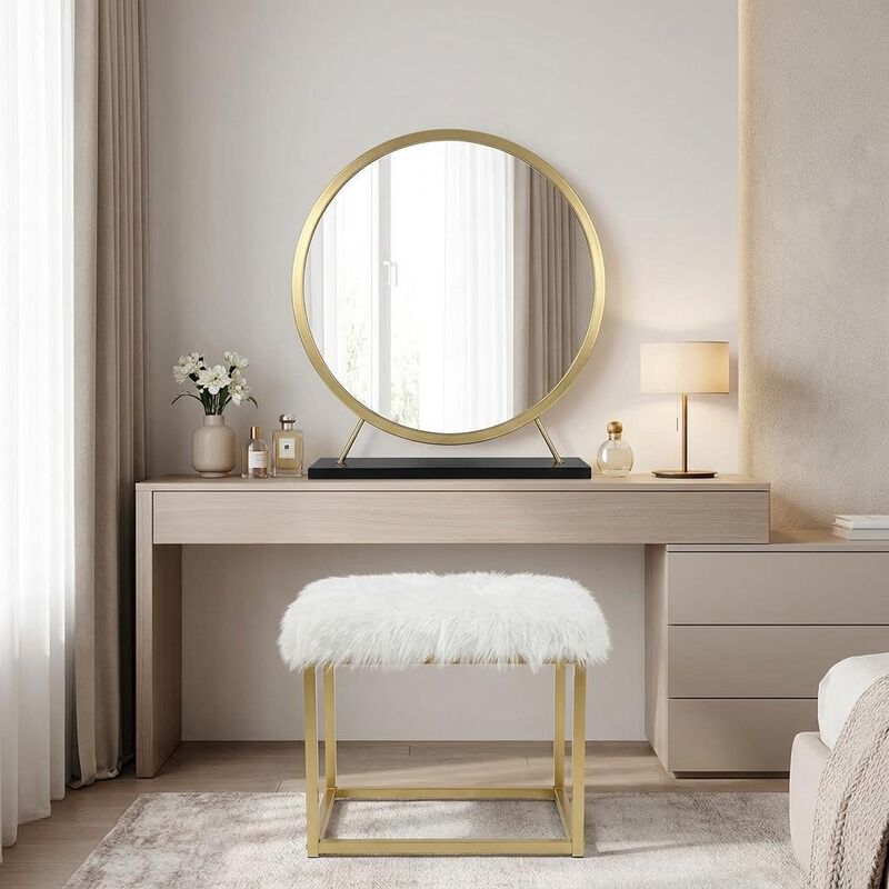 HomeRoots Set of Two Gold Black and White Metal And Faux Fur Freestanding Makeup Mirror And Stool image number 1