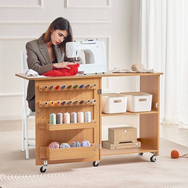 Folding Sewing Table with Storage Cabinet, Wheels, Shelves and Magnetic Doors