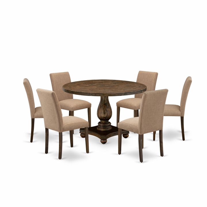 East West Furniture I2AB7-747 7Pc Dining Set - Round Table and 6 Parson Chairs - Distressed Jacobean Color