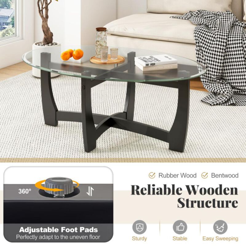 Hivvago Oval Coffee Table with Tempered Glass Tabletop and Rubber Wood Legs
