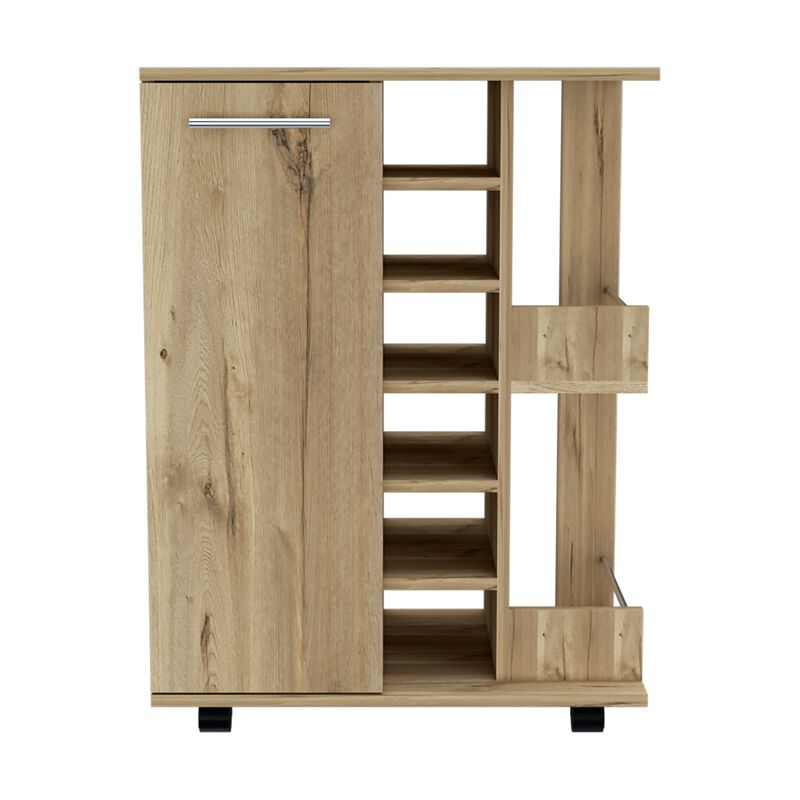 Bar Cart, Two External Shelves, Four Casters, Six Built-in Wine Rack, Single Door Cabinet