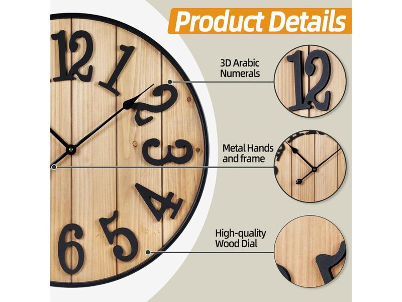Large 16 Inch Wall Clock Silent Metal Wood Battery Operated Farmhouse Decor image number 2