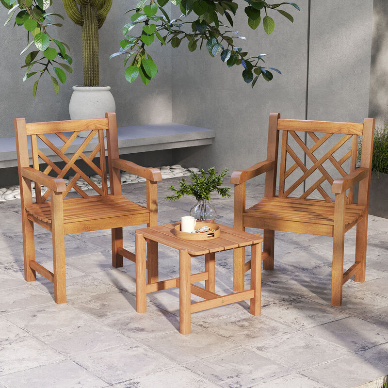 Wood Patio Dining Chair with Slatted Seat Cross-Rhombus Backrest and Solid Legs image number 4