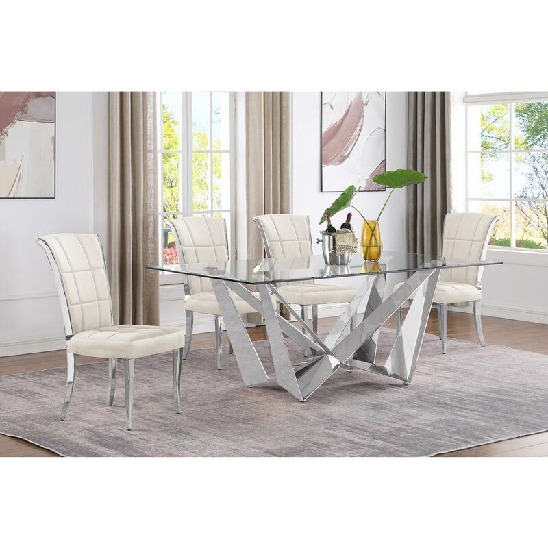 5pc Small(78") glass dining set with silver base and 4 Cream side chairs