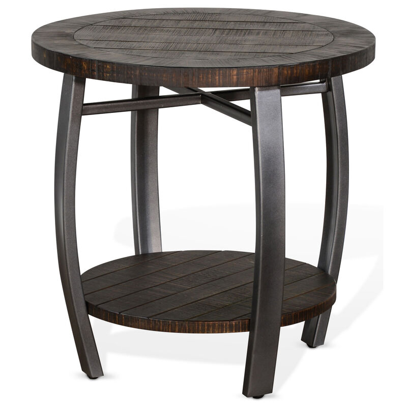 Flint Side End Table w Shelf, Barrel Shape, 24 Inch Dark Brown Round