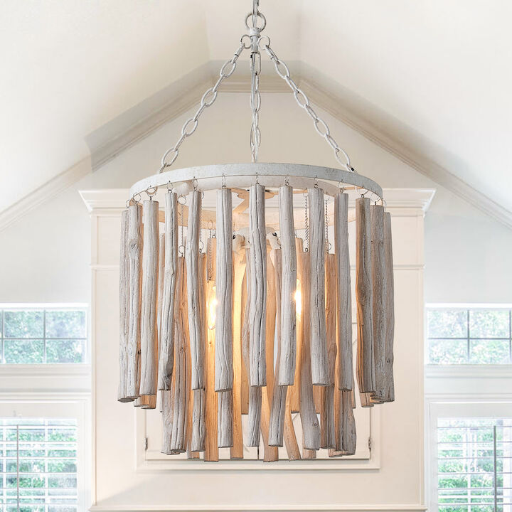 17 in. 4-Light White Chandelier with Wood Shade