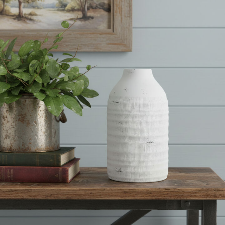 HomeRoots 12" White Stoneware Round Jug Vase