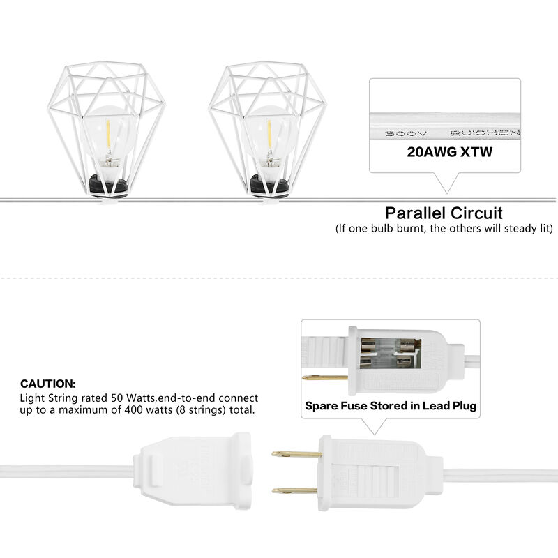 10-Light Indoor/Outdoor 10 ft. Contemporary Transitional Incandescent G40 Diamond Cage String Lights