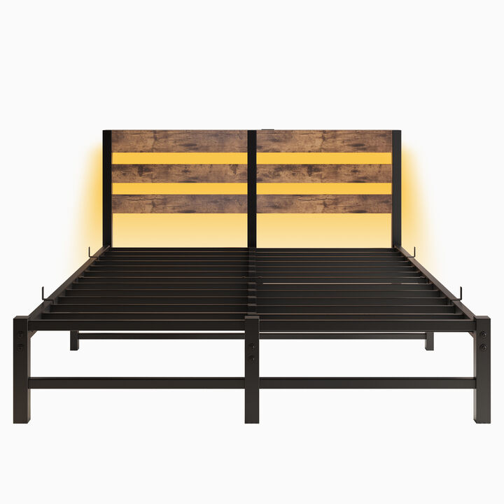 Queen Size Platform Bed Frame with LED Lights & USB Charging, Industrial Rustic Wood Headboard, No Box Spring Needed, Brown