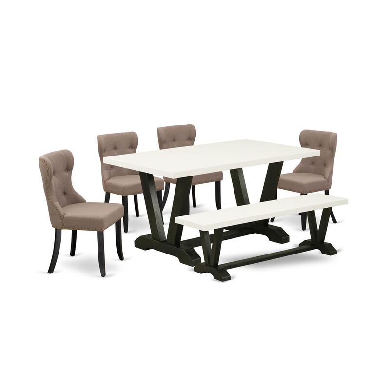 East West Furniture 6-Pc Dinette Set-Coffee Linen Fabric Seat and Button Tufted Back Dining Chairs- Wooden Dining Bench and Rectangular Table Top with Hardwood Legs - Linen White & Wirebrushed Black