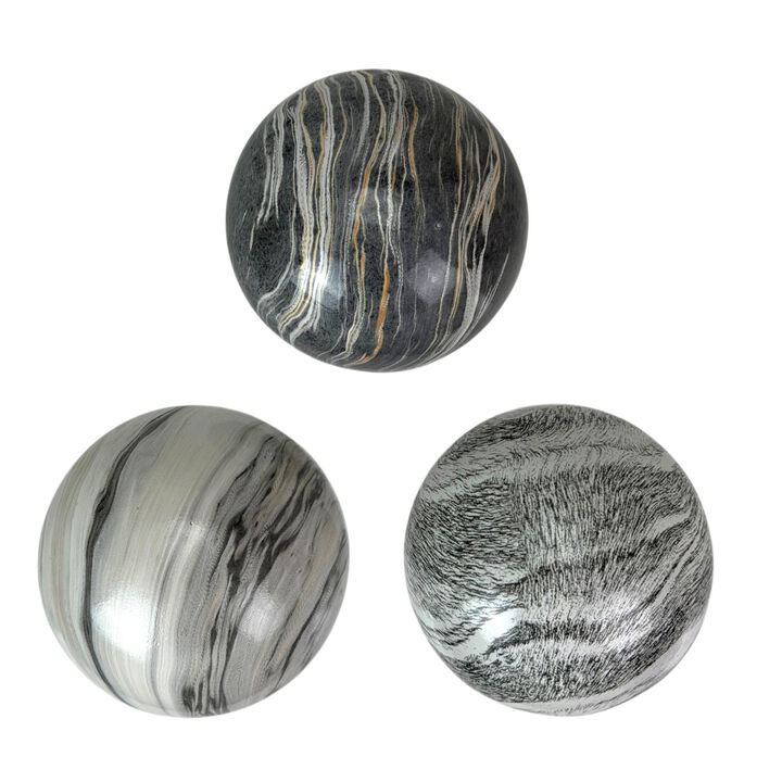 Decorative Orb Set Of 3 Grey Marbled Ceramic Spheres 4 In Tabletop Decor