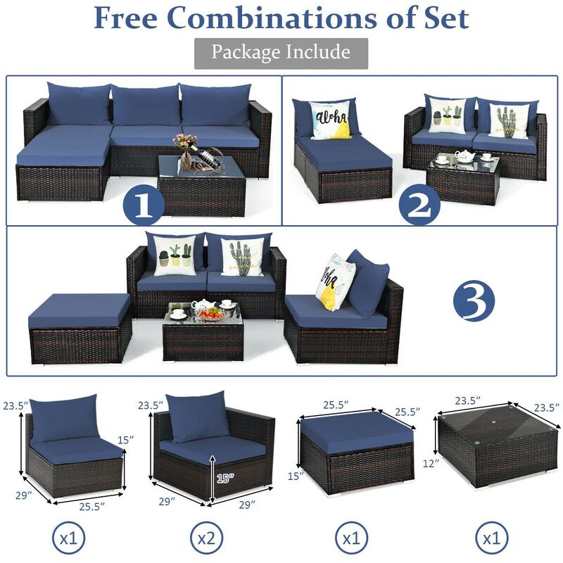 Mondawe 5 Pieces Patio Rattan Sectional Furniture Set with Cushions and Coffee Table