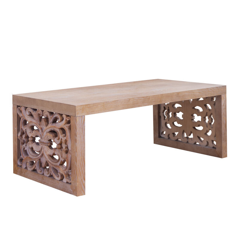 GOODSILO Rustic Carved Wood Coffee Table with Ornate Side Panels and Natural Finish image number 4