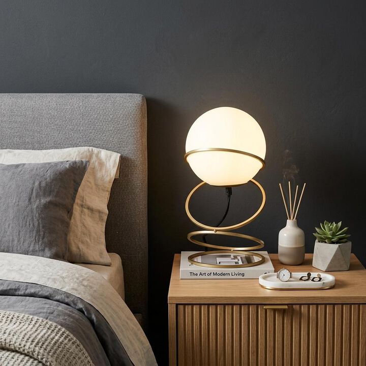 HomeRoots 14" Gold Metal Geo Spiral Bedside Lamp With White Globe Shade