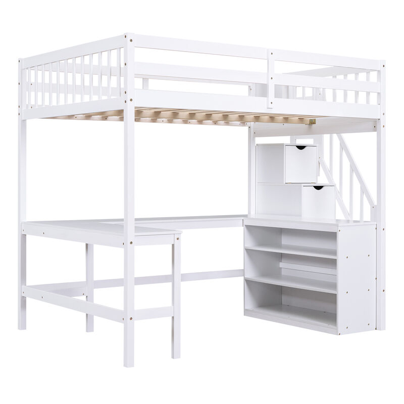 Merax Full Size Loft Bed with Built-in L-Shaped Desk and Three-Tier Storage Shelves