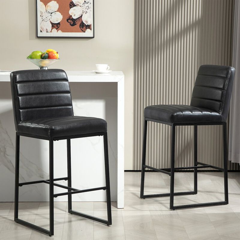 Glamour Home Set of 2 Belisario Black Faux Leather Bar Stool with Black Metal Legs