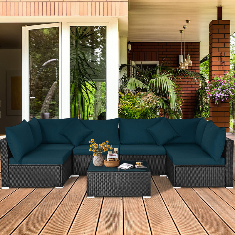 7-Piece Outdoor Sectional Wicker Patio Sofa Set with Tempered Glass Top