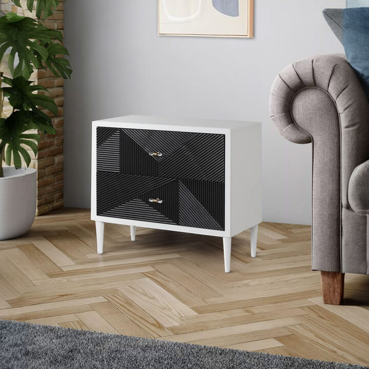 Accent table with Geometric Pattern 2 Drawer Front, Black and White-Benzara