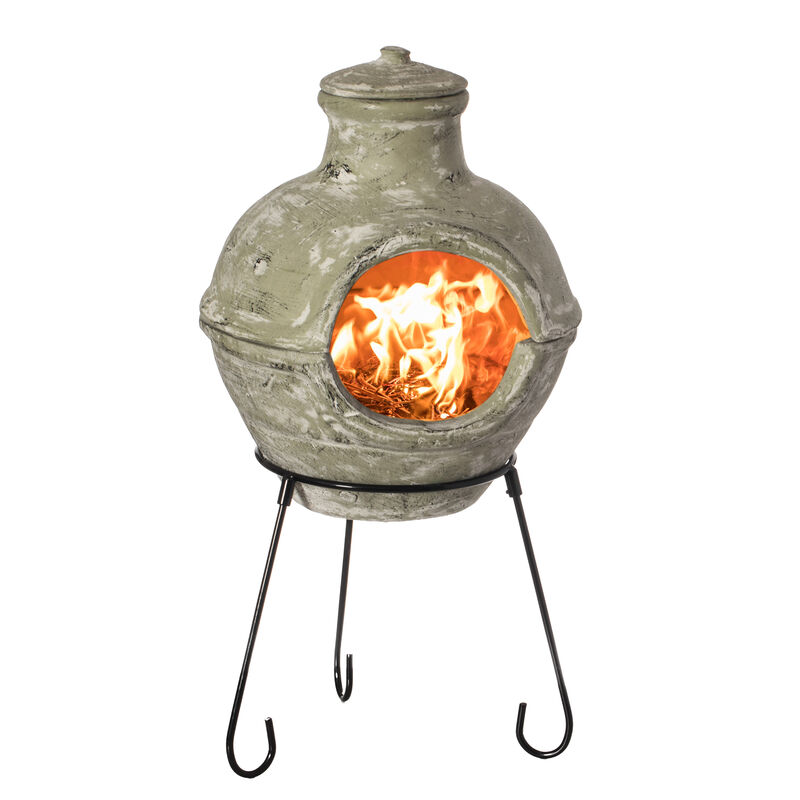Beige Outdoor Clay Chiminea Barbecue Firepit Accent Design Charcoal Burning Fire Pit with Sturdy Metal Stand, Barbecue, Cocktail Party, Family Gathering, Cozy Nights Fire Pit