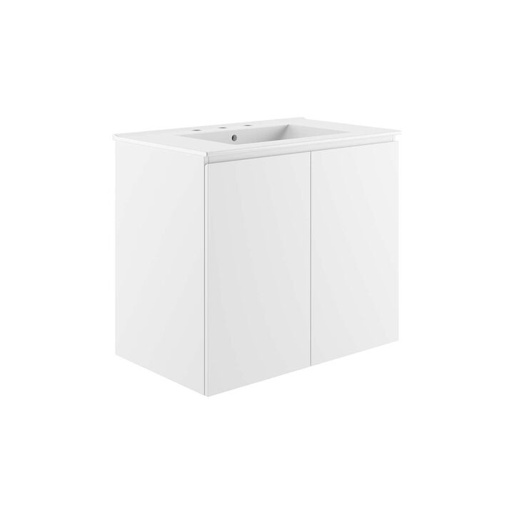 Modway Bryn 30" Modern Wood/Ceramic Wall-Mount Bathroom Vanity in White