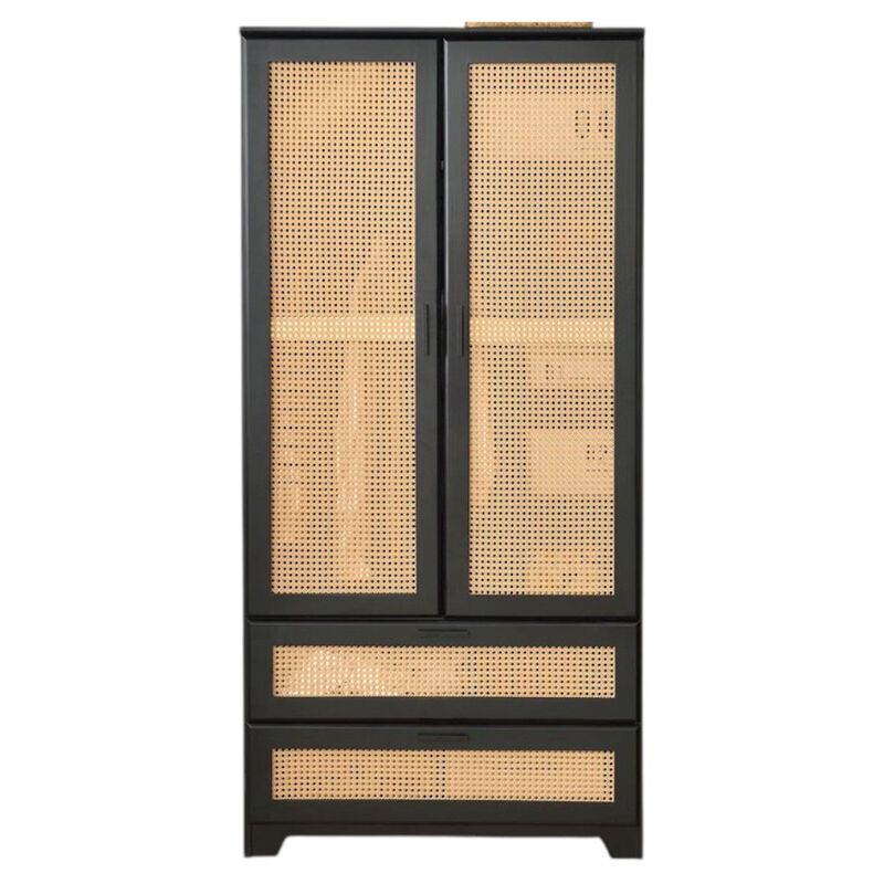 Solid Pine Wood Rattan Closet with 2 Drawers in Black Color
