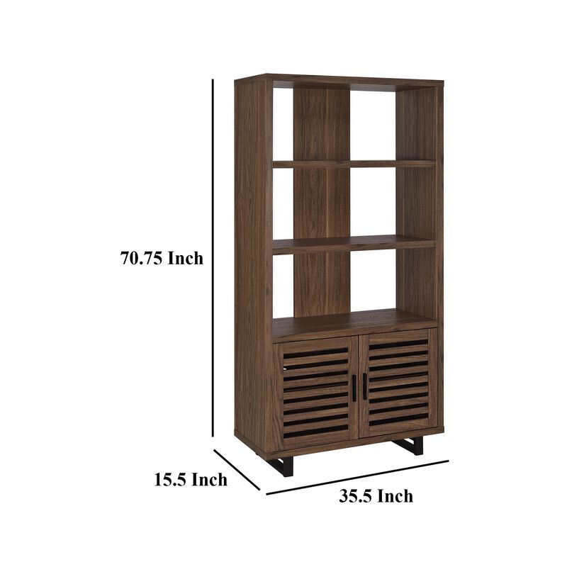 Doxx Bookcase, Slatted Cabinet, Black Open Frame Legs, Walnut Brown - Benzara