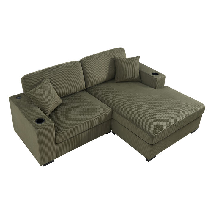 Merax Oversized Chaise Sectional with Corduroy Upholstery, Integrated Cup Holders & Charging Ports