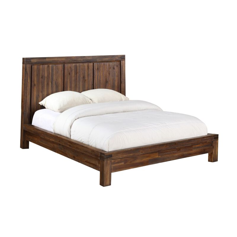 Gael Low Profile King Size Panel Bed, Rustic Aesthetic, Brown Acacia Wood - Benzara