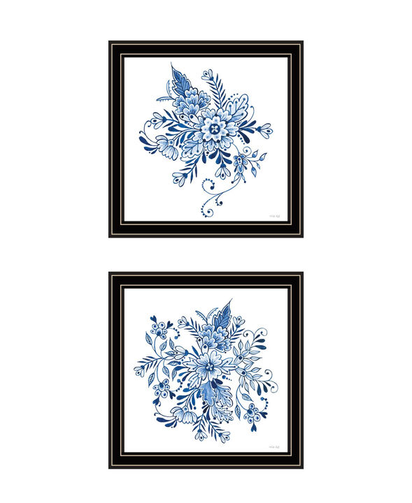HomeRoots Set Of Two Blue And White Delph Floral Black Framed Wall Art