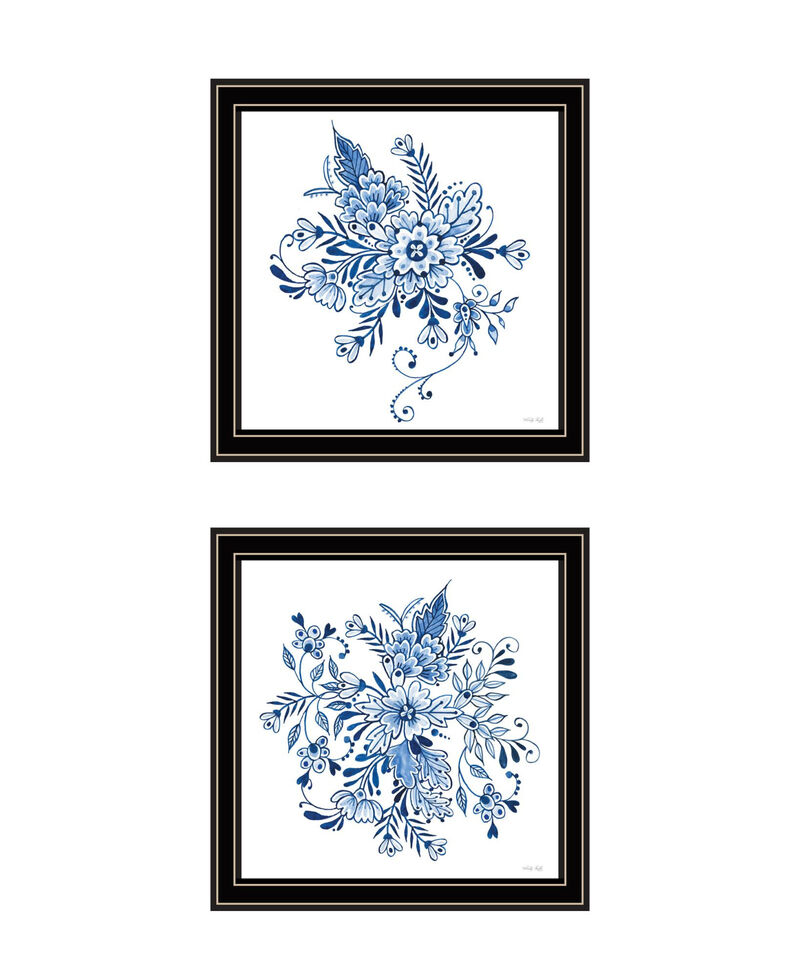 HomeRoots Set Of Two Blue And White Delph Floral Black Framed Wall Art image number 0