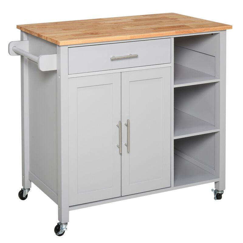 Grey Rolling Kitchen Island Cart on 360° Swivel Wheels, Wooden Kitchen Cart with Side Towel Rail and Drawer image number 1