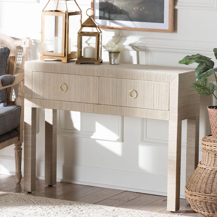 bali & pari Noah Grasscloth 2-Drawer Console Table - Woven Texture Entryway Table with Gold Ring Pulls, Narrow Hallway or Living Room Accent Table, Beige