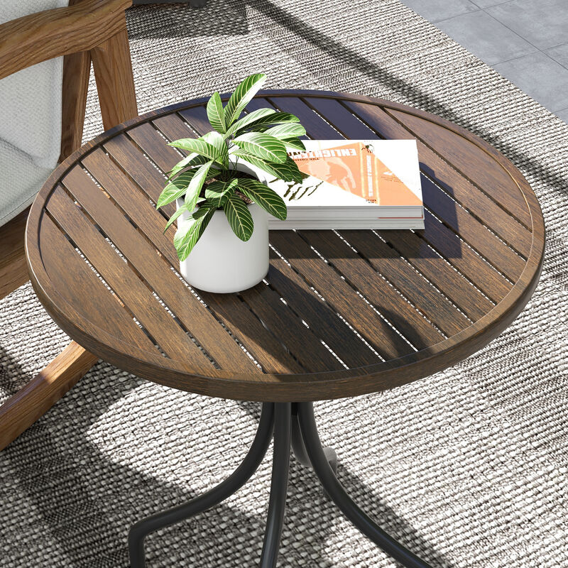 Outsunny Outdoor Side Table, 26" Round Patio Table with Steel Frame and Slat Tabletop for Garden, Backyard, Porch, Balcony, Distressed Brown