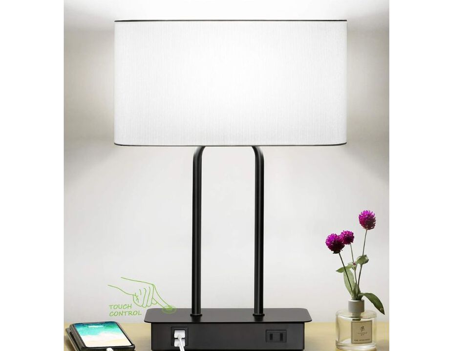 Touch Bedside Lamp – 3-Way Dimmable, USB-C/A & AC Outlet, White Shade