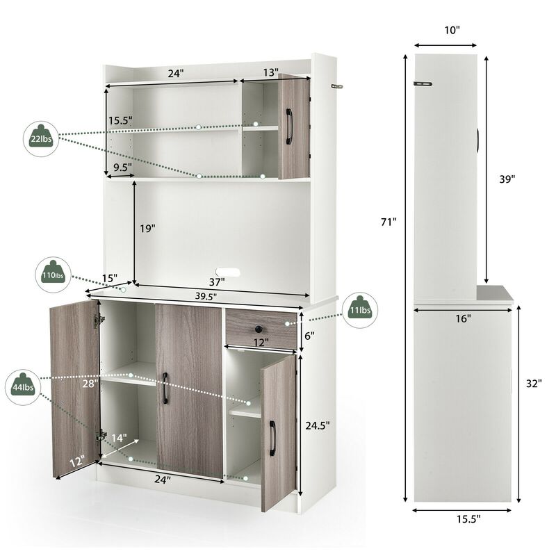 4-Door Freestanding Kitchen Buffet with Hutch and Adjustable Shelves-White