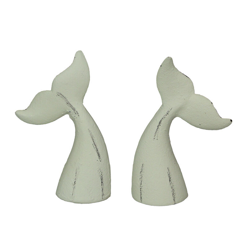 Set of 2 White Cast Iron Whale Tail Bookends Nautical Home Decor Bookshelf image number 0