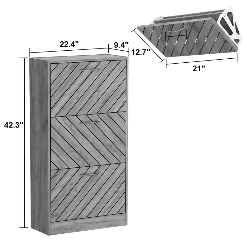 Gray 18-Pair Shoe Storage Cabinet with 3-Drawers and 6-Compartments and Wood Grain