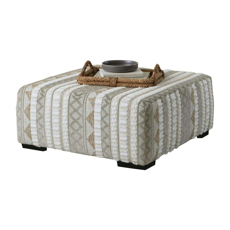 Phan Ottoman, Plush Ivory Chenille, Elegant Lined Pattern, 41 Inch - Benzara