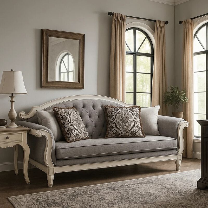 Fil Classic Sofa with 4 Pillow, Button Tufting, Antique White Trim 88 Inch image number 6