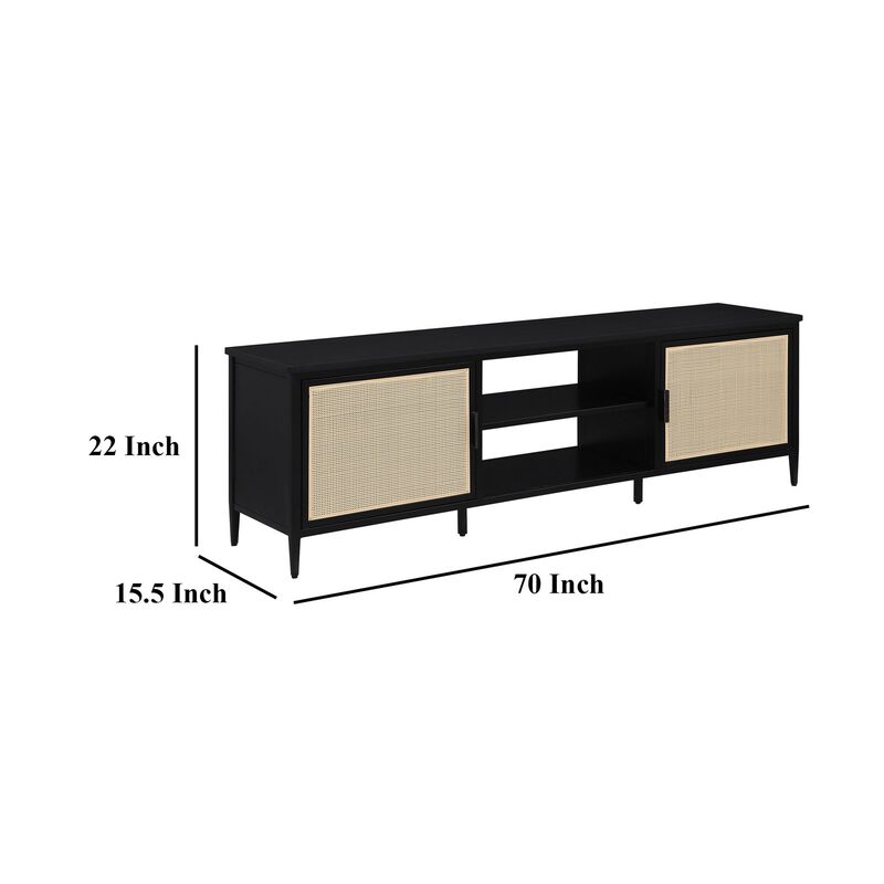 Lanie TV Stand Media Cabinet with 2 Door, PE Cane Front, Black Metal - Benzara