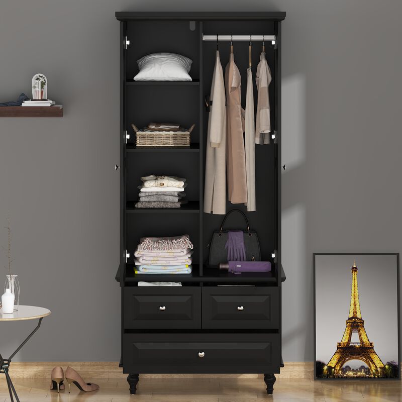 FUFU&GAGA Wooden Armoire with Double Doors, Shelves, and 3 Drawers (31.5" W x 19.7" D x 70.9" H), Black