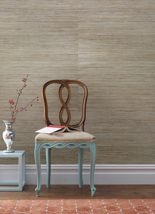 Jeong Soft Teal Beige Grasscloth Wallpaper